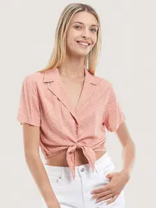 ALCOTT Printed Shirt Style Crop Top with Waist Tie-Up