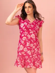 FabAlley Pink Floral Printed Fit & Flare Dress