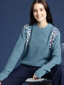 Mast & Harbour Embellished Detail Ribbed Acrylic Pullover