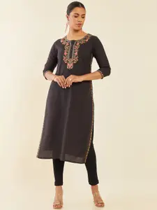 Soch Charcoal Floral Embroidered Straight Kurta
