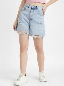 ALCOTT Women Distressed Hem Loose Fit High-Rise Denim Shorts