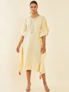 Soch Yellow Extended Sleeves Embroidered Midi Kaftan Dress