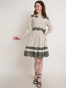 Hive91 Geometric Printed Shirt Collar Puff Sleeves Cotton Fit & Flare Dress
