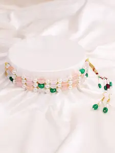 ABDESIGNS Gold Plated Jaipuri Bead Chocker Necklace With Earrings