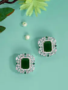 ABDESIGNS Women Silver-Plated Geen Stone Studs Earrings