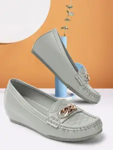 ELLE Women Textured Embellished Comfort Insole Lightweight Horsebit Loafers