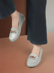 ELLE Women Textured Embellished Comfort Insole Lightweight Horsebit Loafers