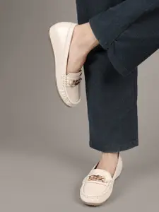 ELLE Women Textured Embellished Comfort Insole Lightweight Horsebit Loafers