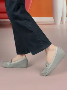 ELLE Women Textured Embellished Comfort Insole Lightweight Horsebit Loafers