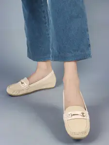 ELLE Women Textured Embellished Comfort Insole Lightweight Horsebit Loafers