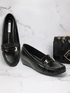 ELLE Women Textured Embellished Comfort Insole Lightweight Horsebit Loafers