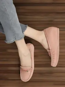 ELLE Women Textured Embellished Comfort Insole Lightweight Horsebit Loafers