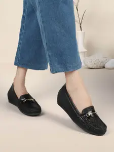 ELLE Women Textured Embellished Comfort Insole Lightweight Horsebit Loafers