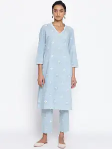 W The Folksong Collection Printed V-Neck Cotton Straight Kurta