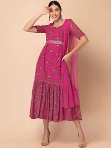 INDYA Floral Printed Ethnic Dress With Attached Dupatta & Embellished Belt