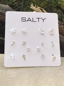 SALTY Pack Of 7 Silver-Plated Beaded Contemporary Studs Earrings