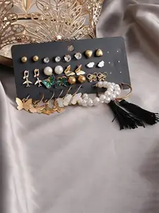 SALTY Pack Of 17 Gold-Plated Stones & Beads Contemporary Earrings