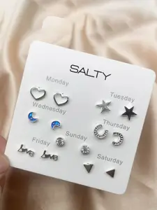 SALTY Set Of 7 Silver-Plated Contemporary Studs Earrings