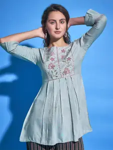 Sangria Grey Floral Embroidered Bell Sleeves A-Line Top