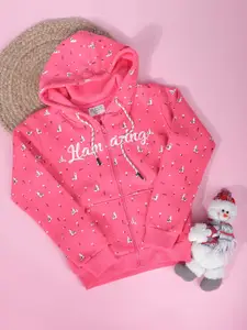 Gini and Jony Girls Printed Front-Open Hooded Fleece Swetshirt