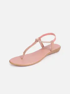 DressBerry Women Nude-Coloured Textured Embellished T-Strap Flats With Backstrap