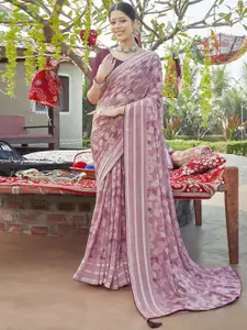 Satrani Pink & Gold-Toned Floral Zari Chiffon Saree