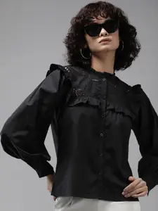 The Roadster Life Co. Ruffles & Embroidered Detail Puff Sleeves Pure Cotton Casual Shirt