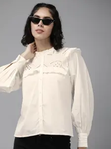 The Roadster Life Co. Ruffles & Embroidered Detail Puff Sleeves Pure Cotton Casual Shirt