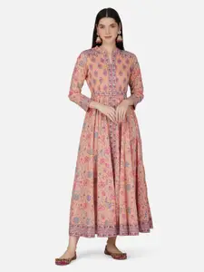 GULAB CHAND TRENDS Floral Printed Mandarin Collar Cotton Fit & Flare Maxi Dress