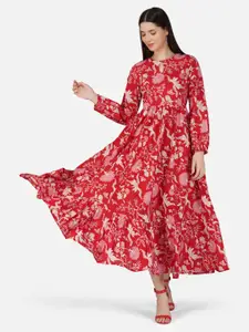 GULAB CHAND TRENDS Floral Printed Puff Sleeves Gathered Detailed Cotton Fit & Flare Midi Dress