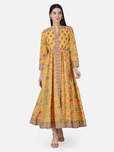 GULAB CHAND TRENDS Floral Printed Mandarin Collar Gathered Detailed Cotton Fit & Flare Ethnic Dress
