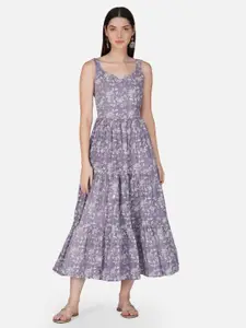 GULAB CHAND TRENDS Floral Printed Tiered Gathered Detailed Cotton Fit & Flare Midi Dress
