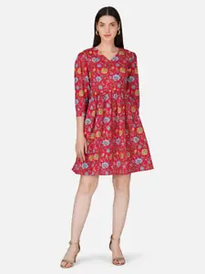 GULAB CHAND TRENDS Floral Printed Gathered Detailed Cotton Fit & Flare Dress