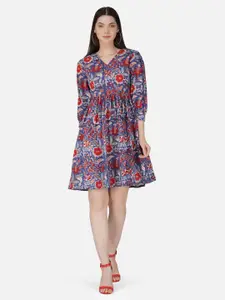 GULAB CHAND TRENDS Floral Printed Gathered Detailed Cotton Fit & Flare Dress
