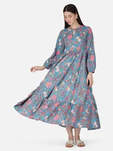 GULAB CHAND TRENDS Floral Printed Puff Sleeve Tiered Gathers Detailed Cotton Fit & Flare Midi Dress