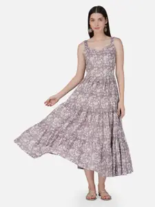 GULAB CHAND TRENDS Floral Printed Tiered Gathers Detailed Cotton Fit & Flare Midi Dress