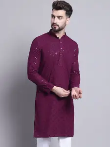 SOJANYA Geometric Embroidered Sequence Mandarin Collar Pure Cotton Kurta