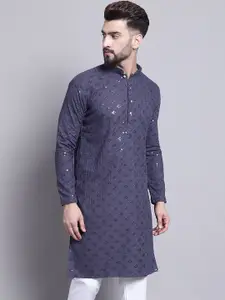 SOJANYA Geometric Embroidered Sequence Mandarin Collar Pure Cotton Kurta