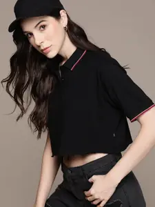 The Roadster Lifestyle Co. Pure Cotton Cropped Boxy Polo Collar T-shirt