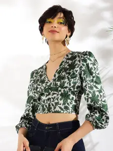 KASSUALLY White & Green Floral Printed Smocked Puff Sleeves Satin Crop Top