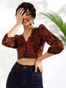 KASSUALLY Brown Abstract Printed V-Neck Puff Sleeve Satin Crop Top