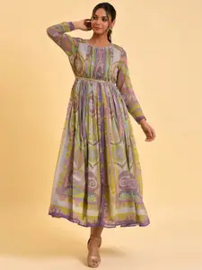 W Grey & Olive Embellished Ethnic Motifs Printed Fit & Flare Maxi Dress