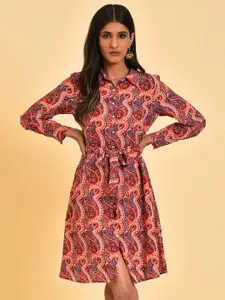 W Brown & Blue Ethnic Motifs Printed Belted Cuffed Sleeves Shirt Dress