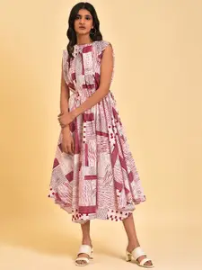 W Red Abstract Printed Extended Sleeves Cotton Fit & Flare Midi Ethnic Dress