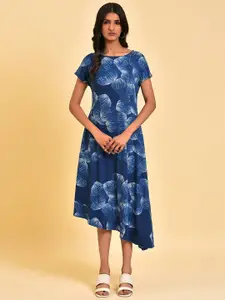 W Blue Abstract Printed Asymmetric Hem A-Line Midi Dress