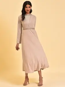 W Grey Embellished Polka Dot Printed High Neck A-Line Midi Dress