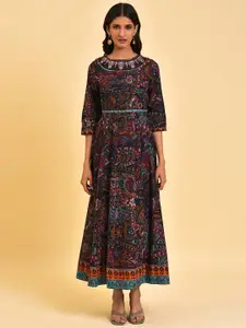 W Blue Ethnic Motifs Printed Embroidered Pure Cotton Maxi Ethnic Dress