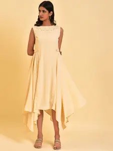 W Cream Lace Detailed Boat Neck A-Line Midi Dress