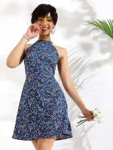 KASSUALLY Blue Floral Printed Halter Neck Fit & Flare Dress