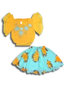 Wish Karo Girls Embellished Flutter Sleeves Gathered Smocked Top with Skirt